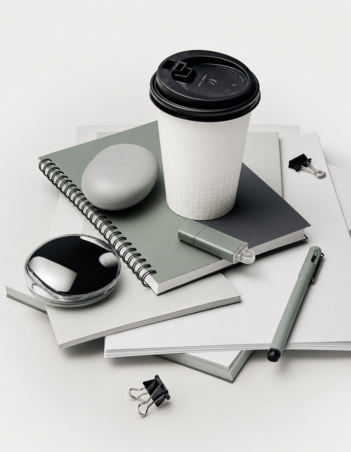 Cool-toned office accessories flat lay