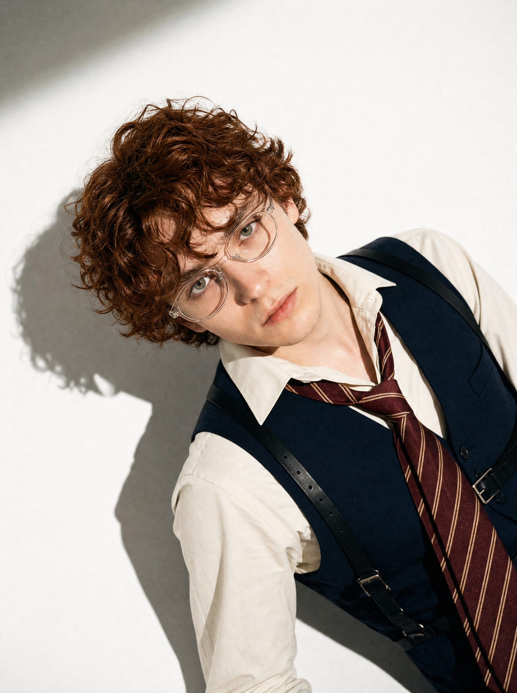 Copper curls and navy vest portrait