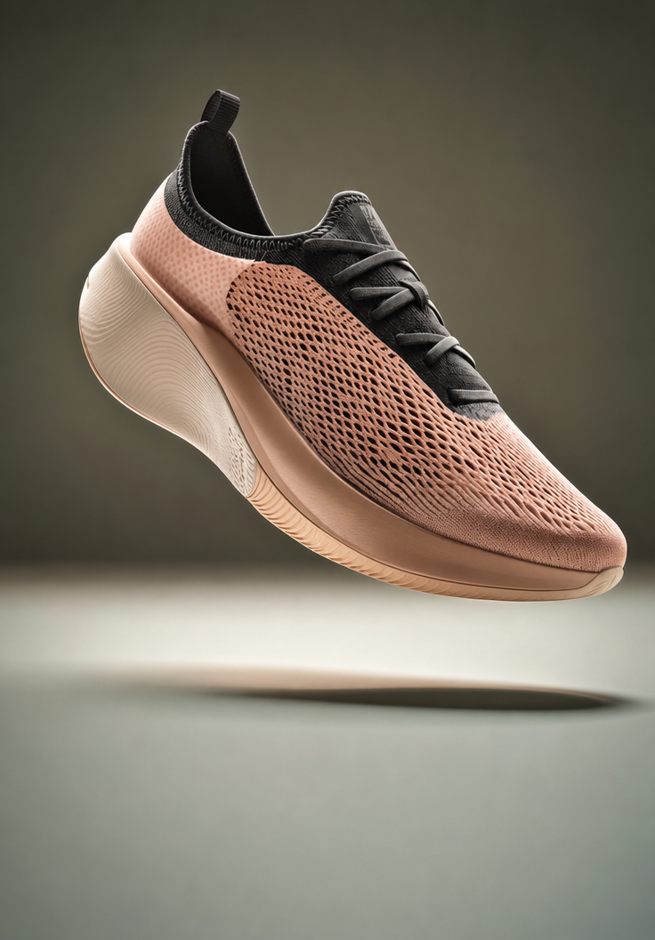 Coral-and-sand running shoe studio render