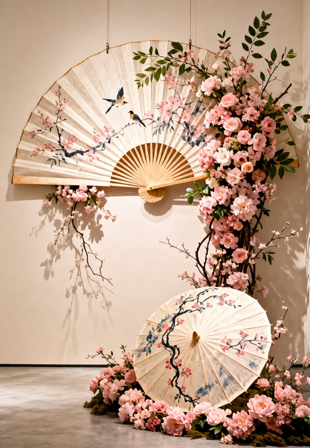 Coral fans with cherry blossom birds