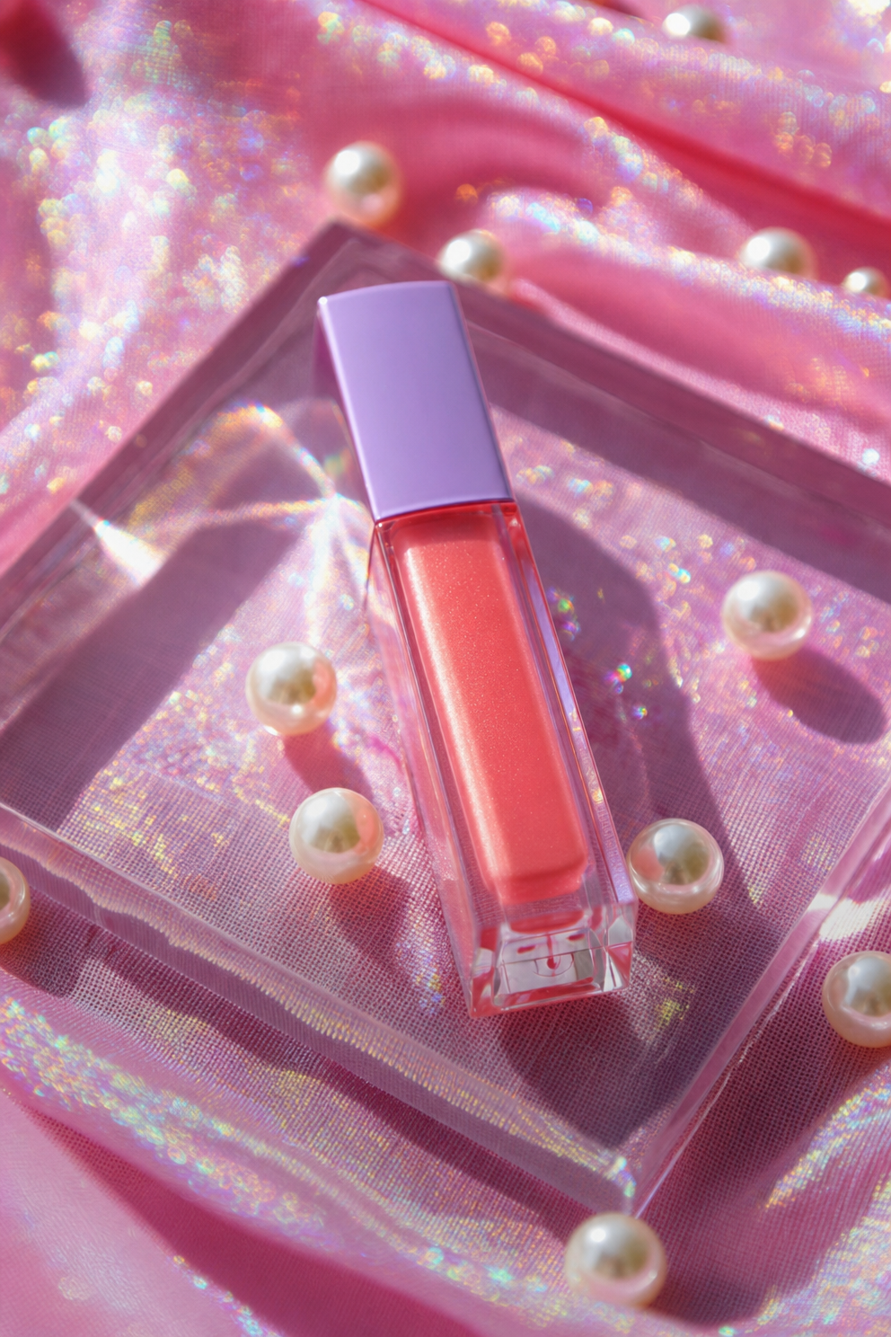 Coral lip gloss on iridescent pink