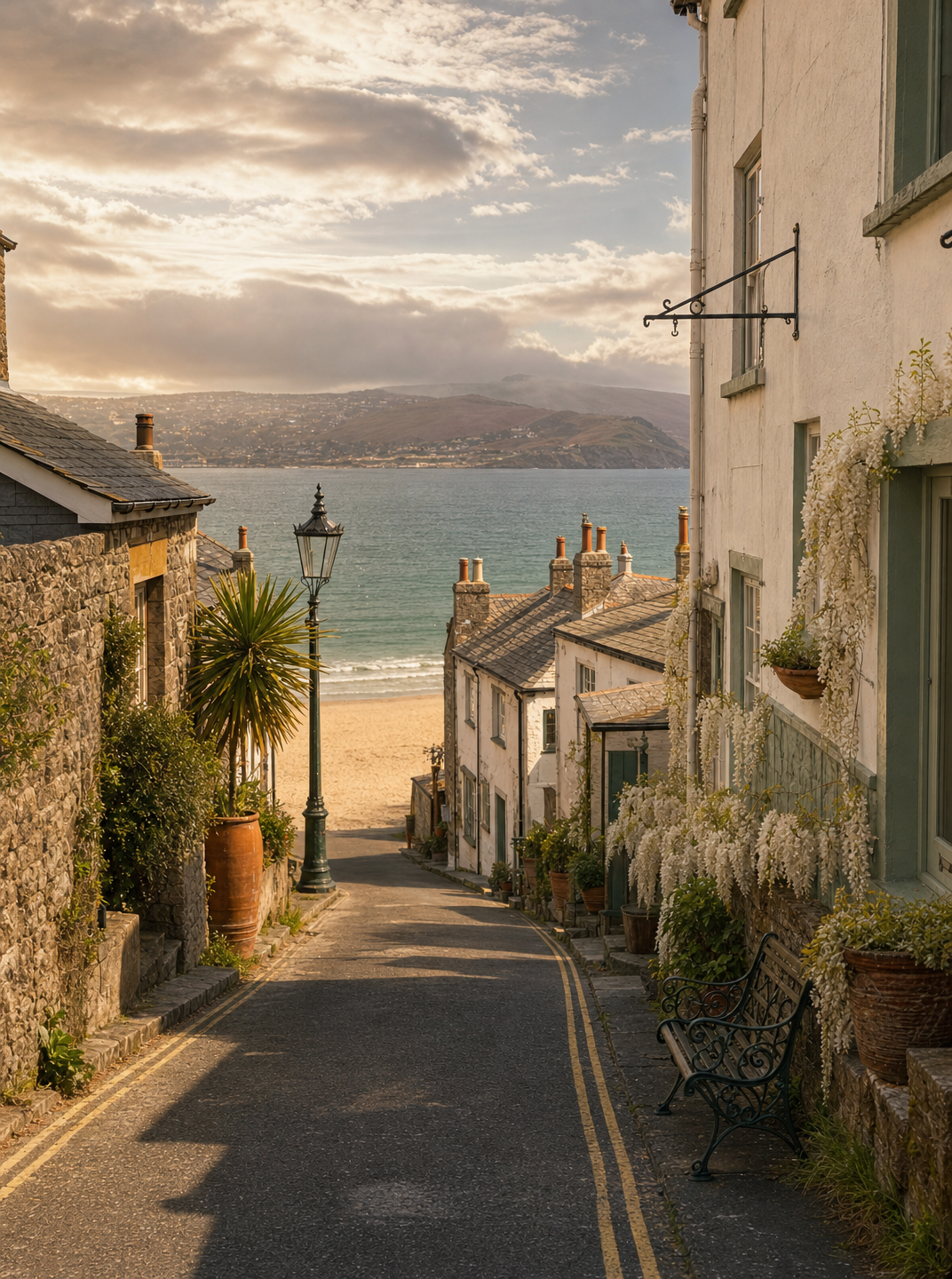 Welsh Coastal Village Street at Golden Hour