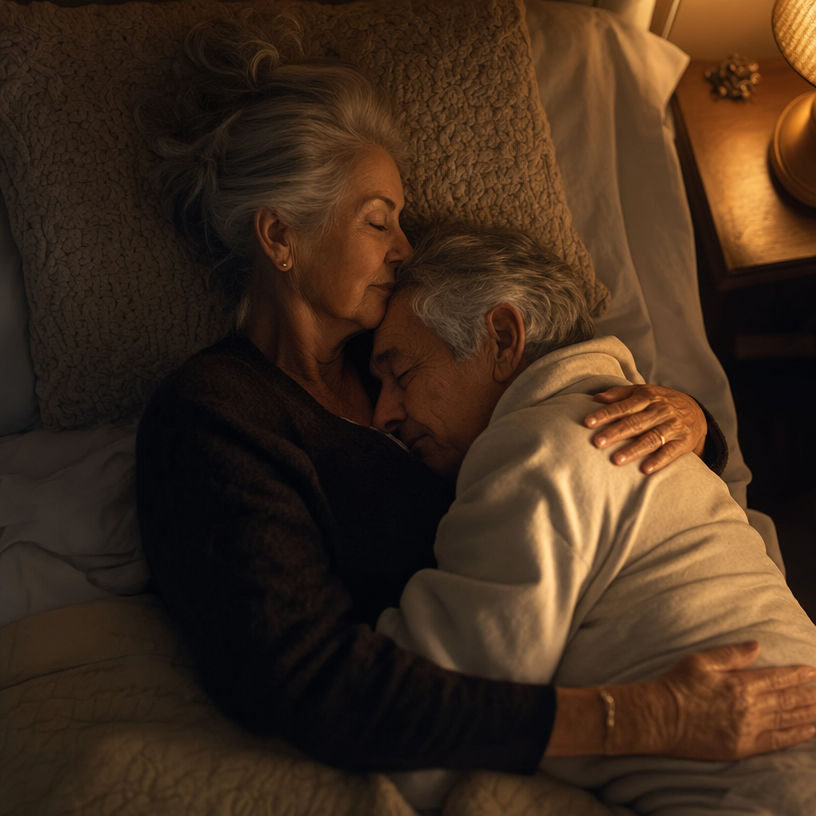 Elderly Couple Sharing Quiet Morning Embrace