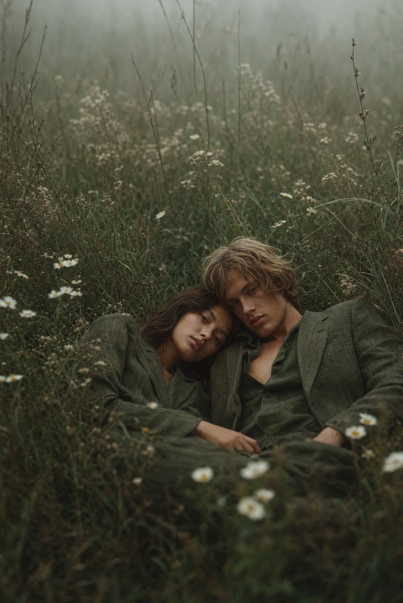 Couple in misty meadow linen suits