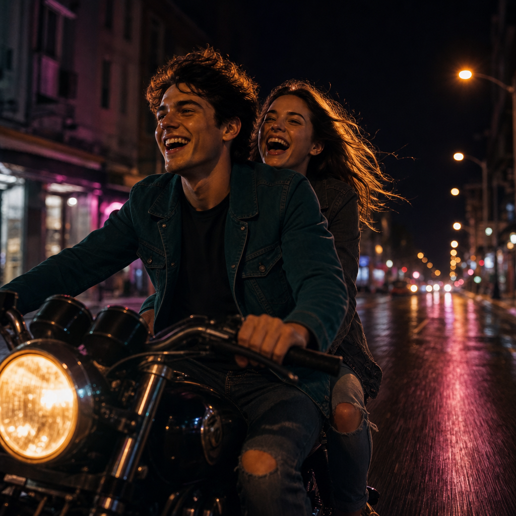 Couple Laughing on Rainy Night Ride