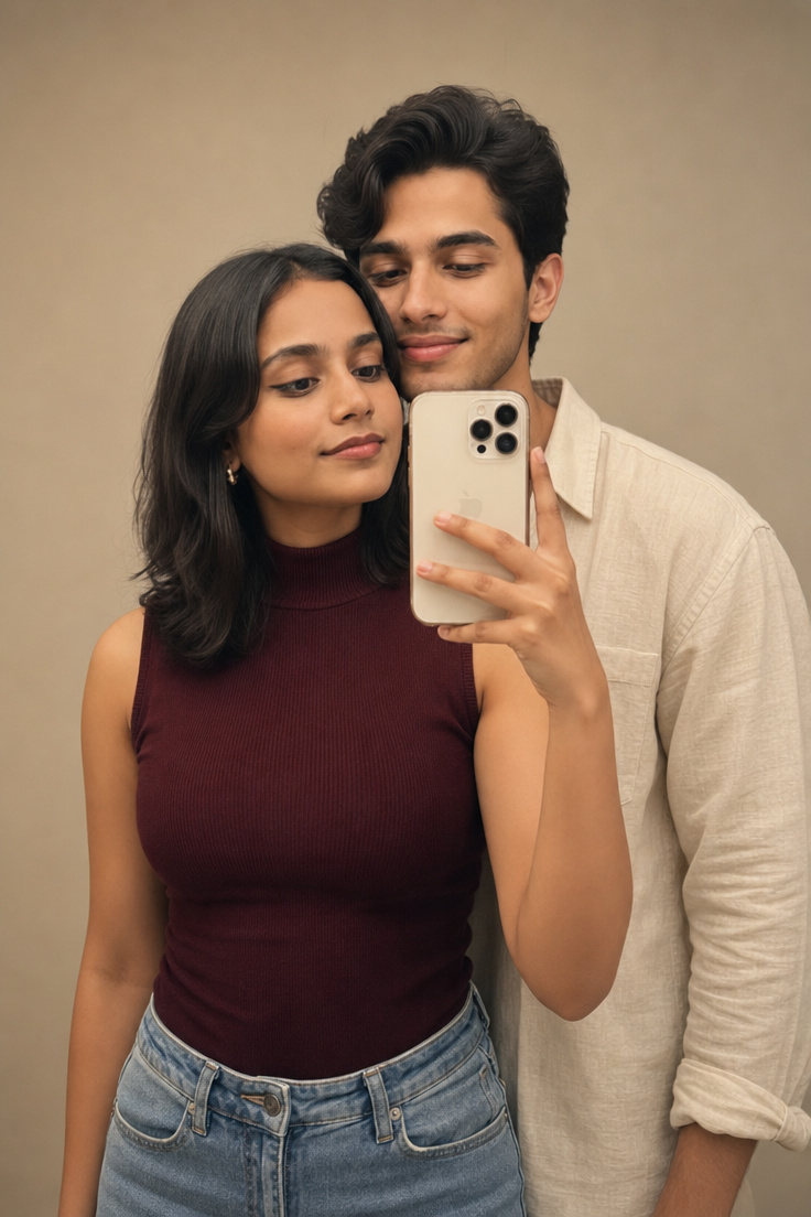 Couple's Warm Burgundy Turtleneck Mirror Selfie