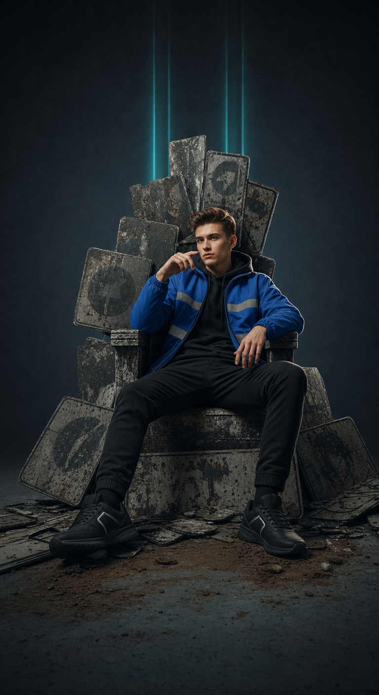 Courier on graffiti-sign throne