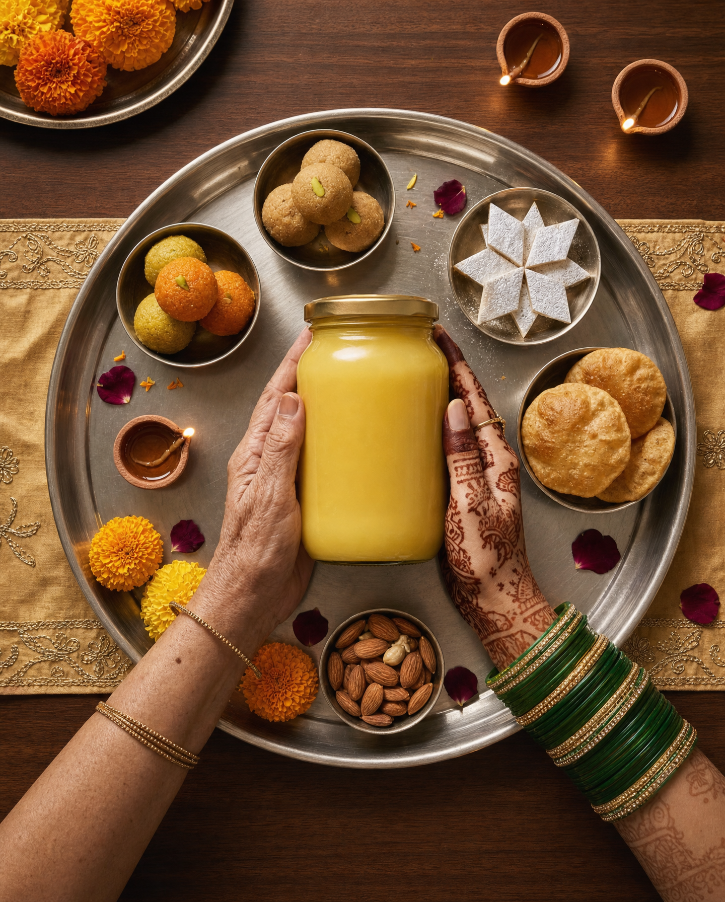 Cow ghee jar on silver thali with green bangles