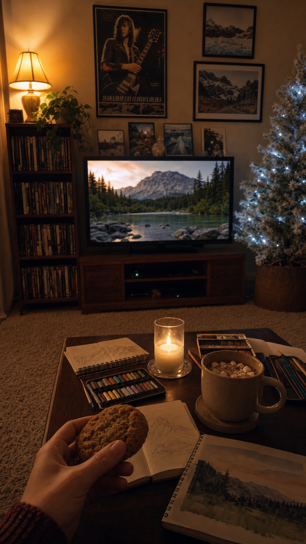 Hand holding cookie in cozy early-2000s winter room