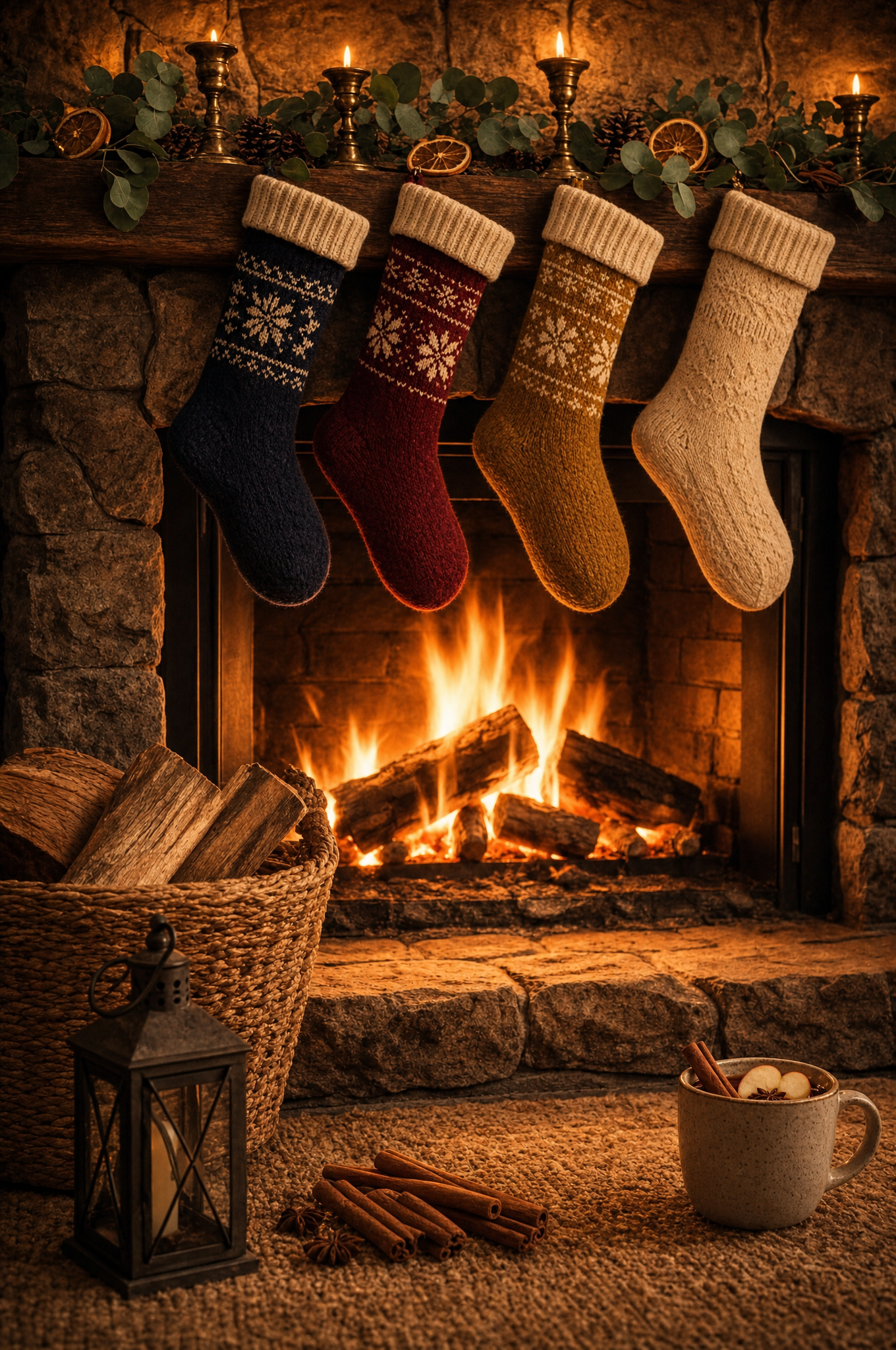 Festive Fireplace with Navy and Burgundy Stockings