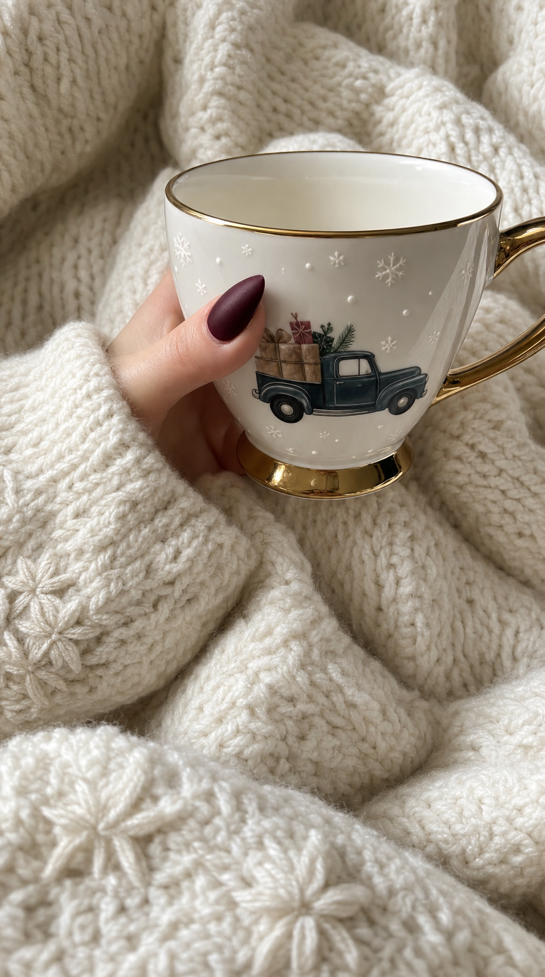 Burgundy nails holding festive snowflake teacup