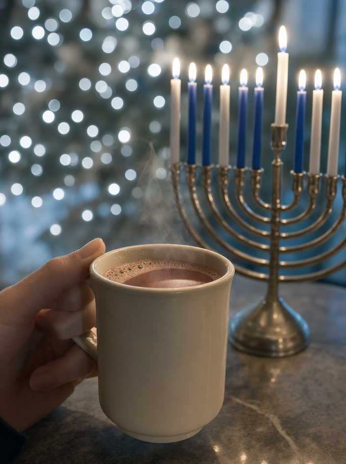 Hand Holding Cocoa Before Menorah