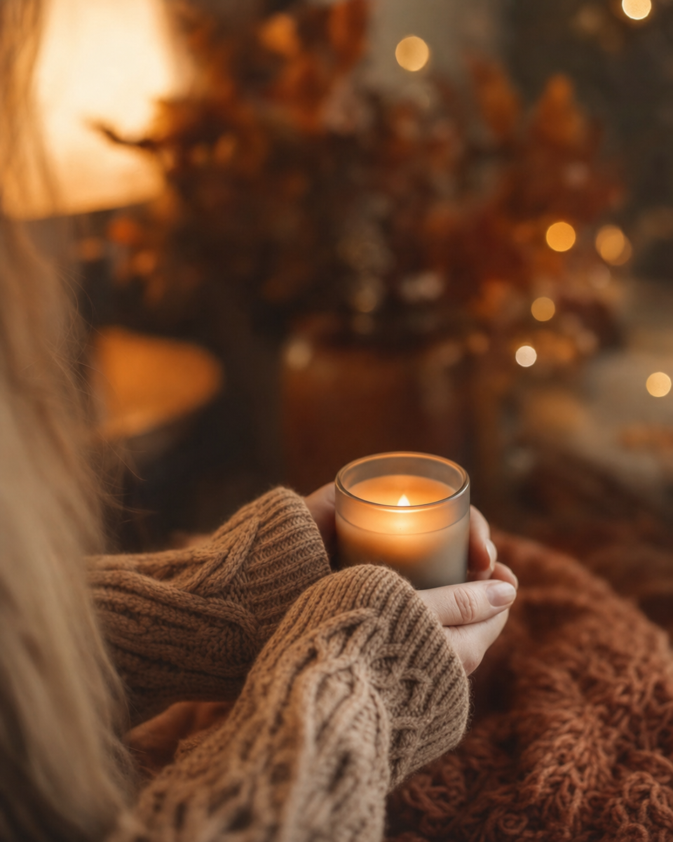 Hands holding candle in frosted glass jar