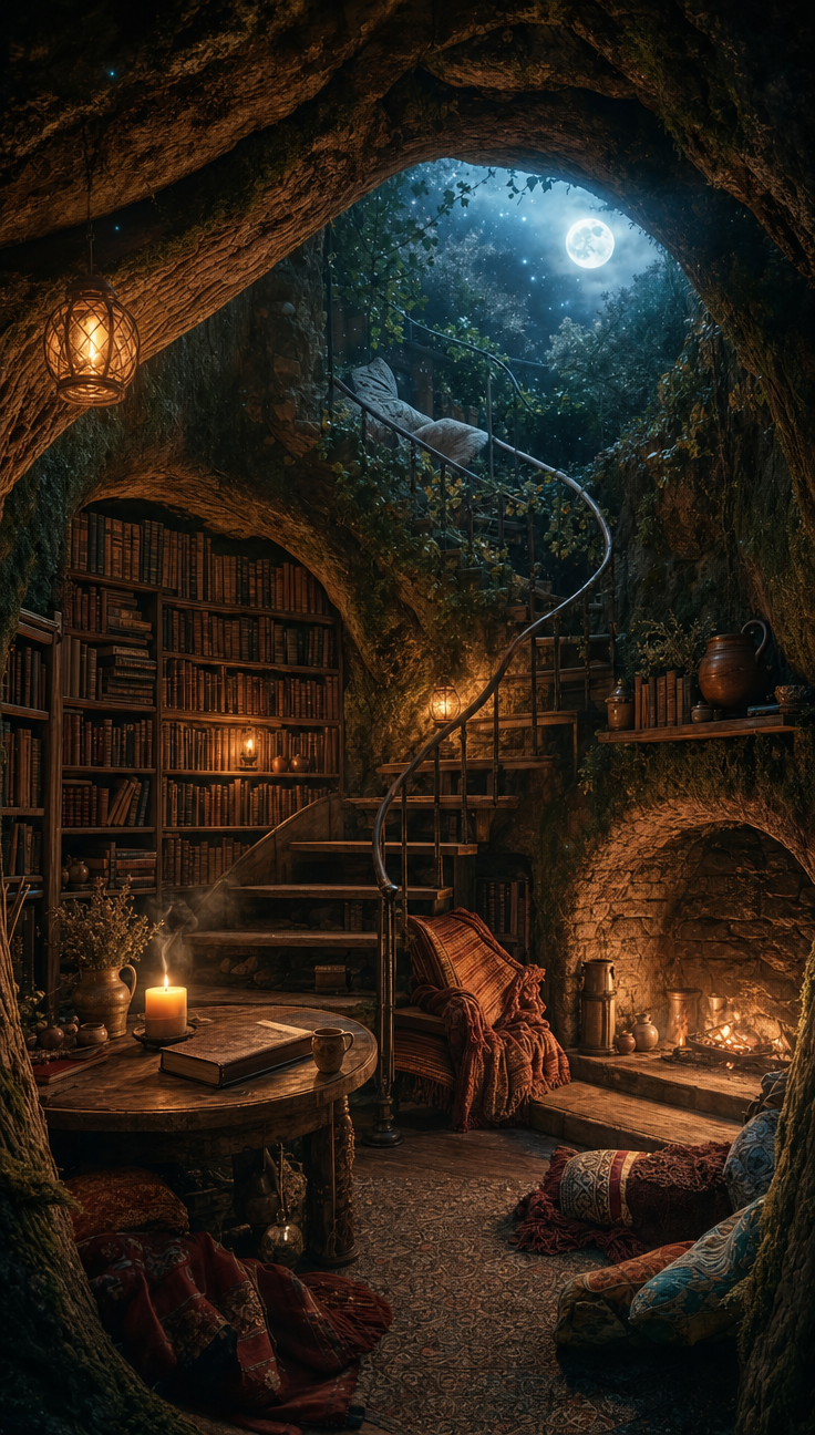 Cozy Hidden Tree-Trunk Library at Night