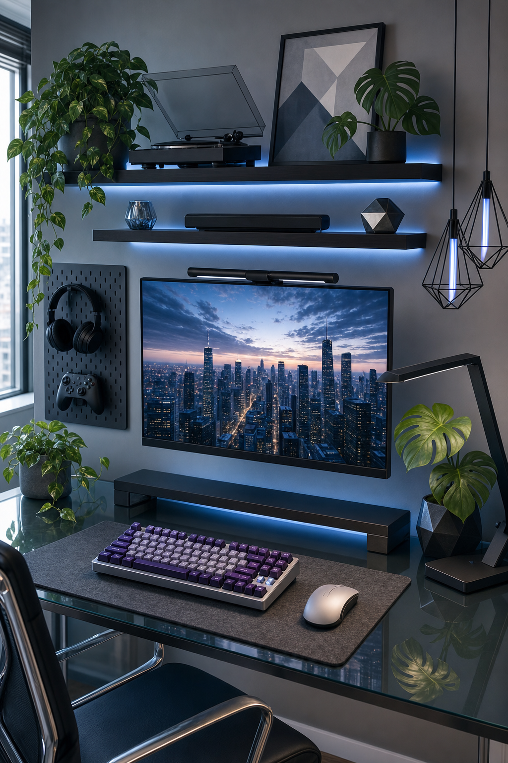 Modern minimalist desk workspace with blue accents