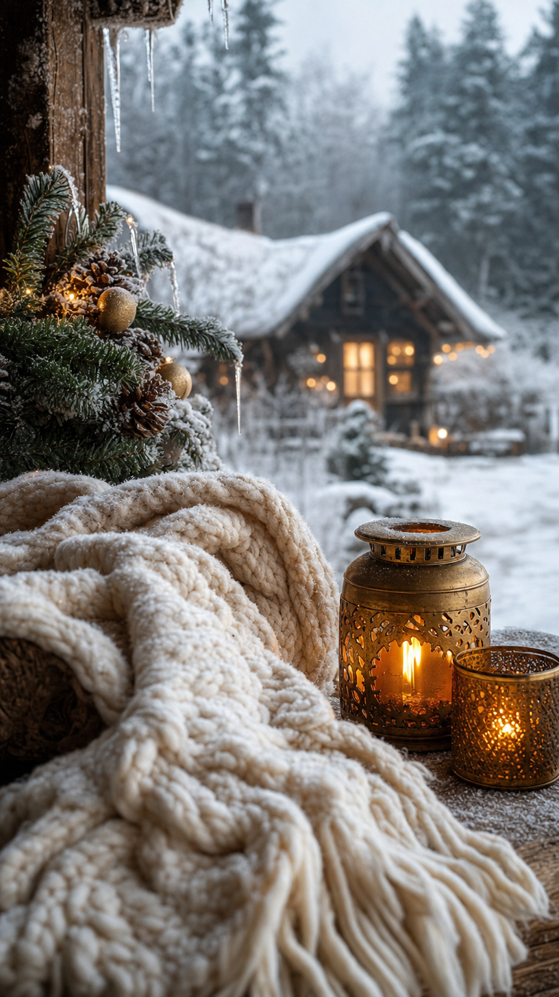 Winter warmth by a frosted woodland cottage