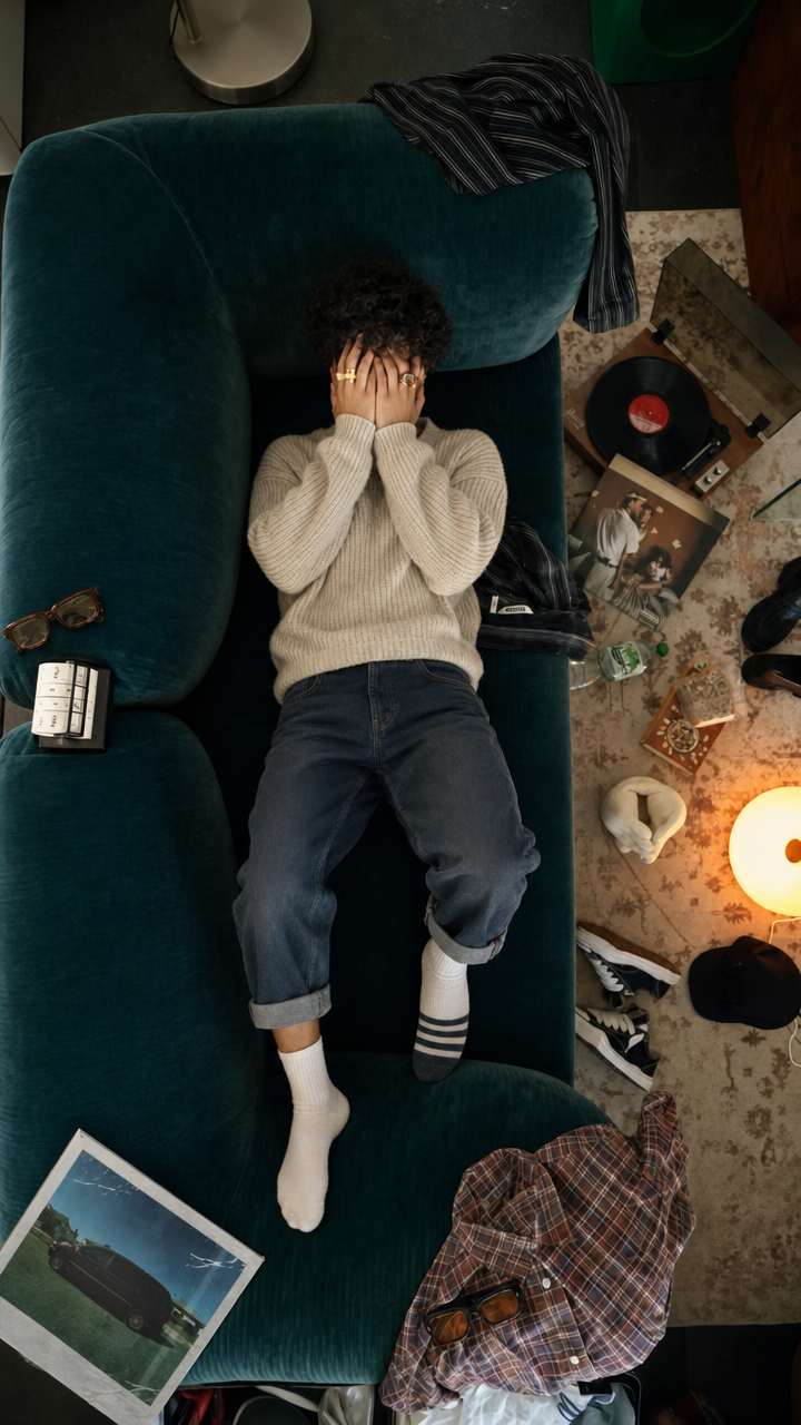 Cozy teal couch, warm record room