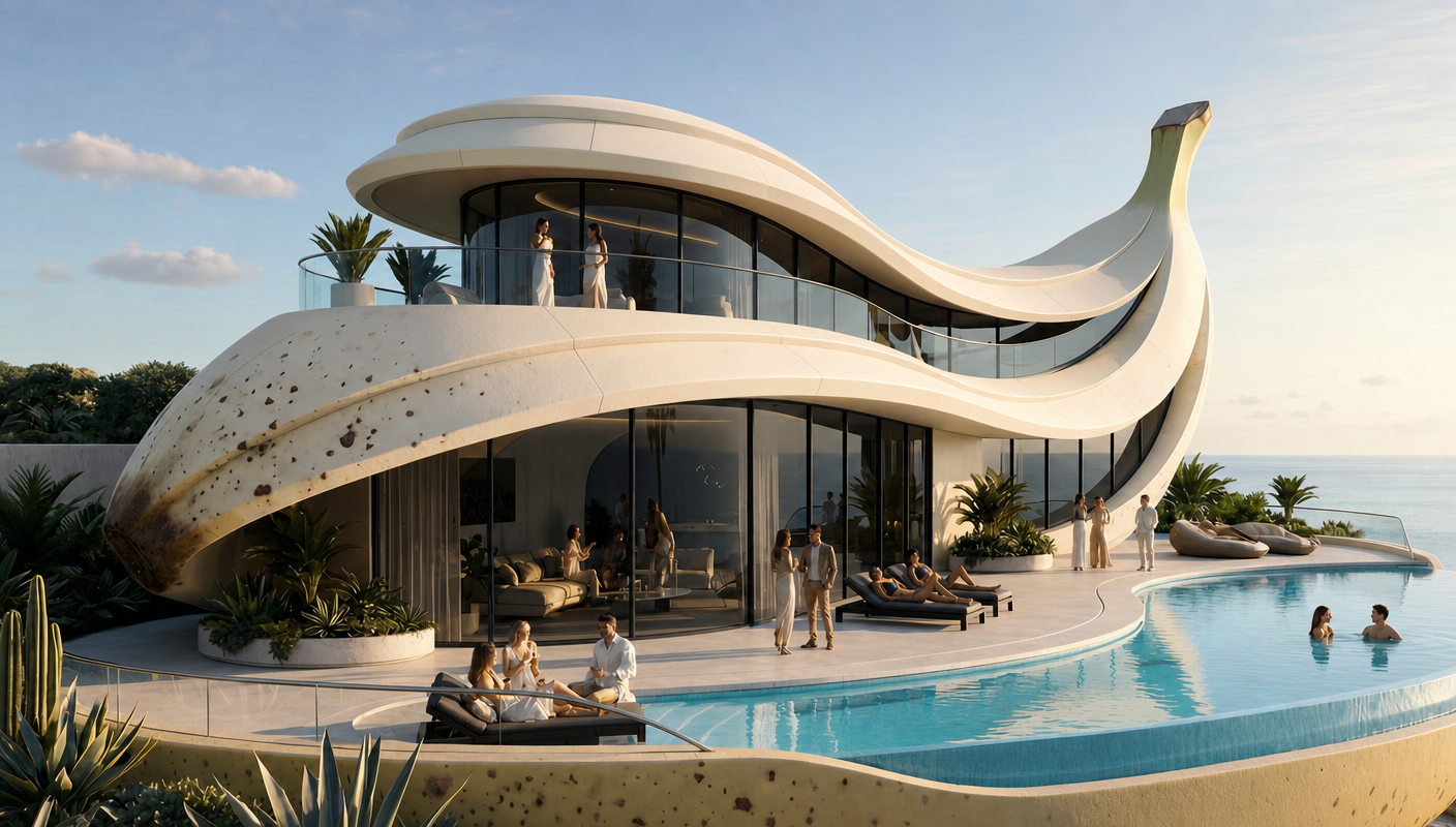 Cream Banana Villa with Dark Glass and Infinity Pool