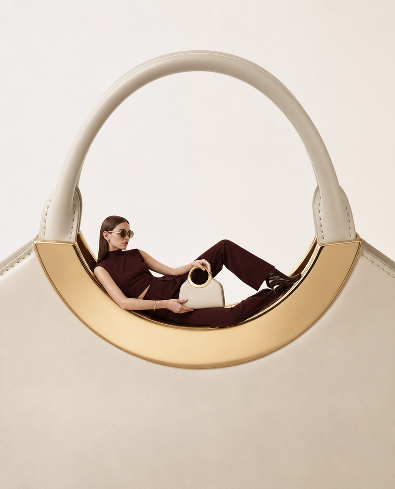Cream handbag with reclining brunette