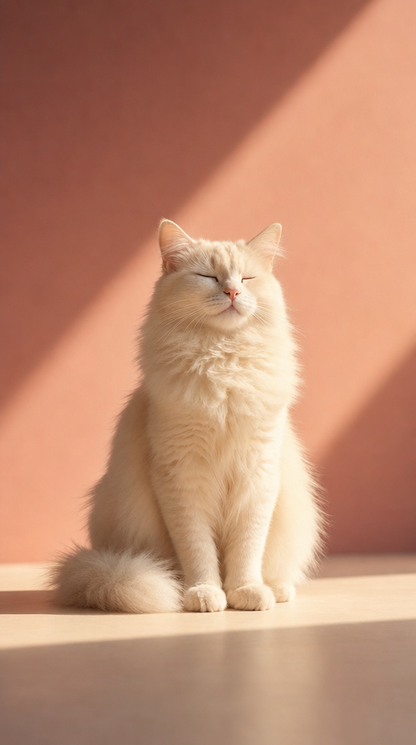 Cream Longhaired Cat in Warm Dusty-Rose Light