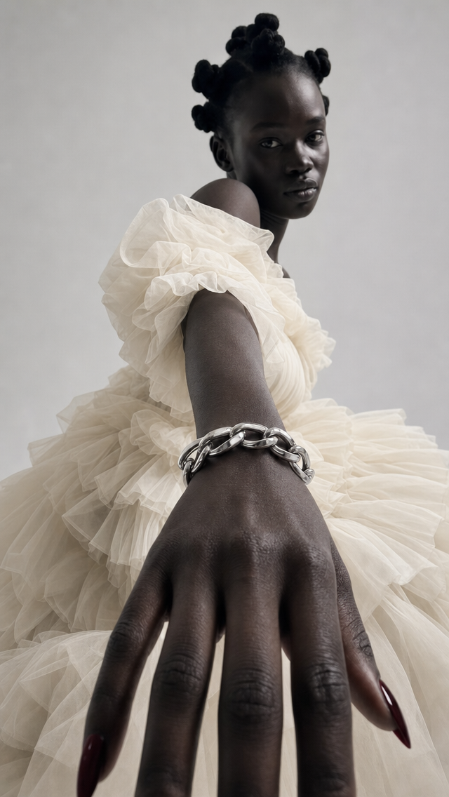 Cream Ruffled Tulle Dress Model with Red Nails