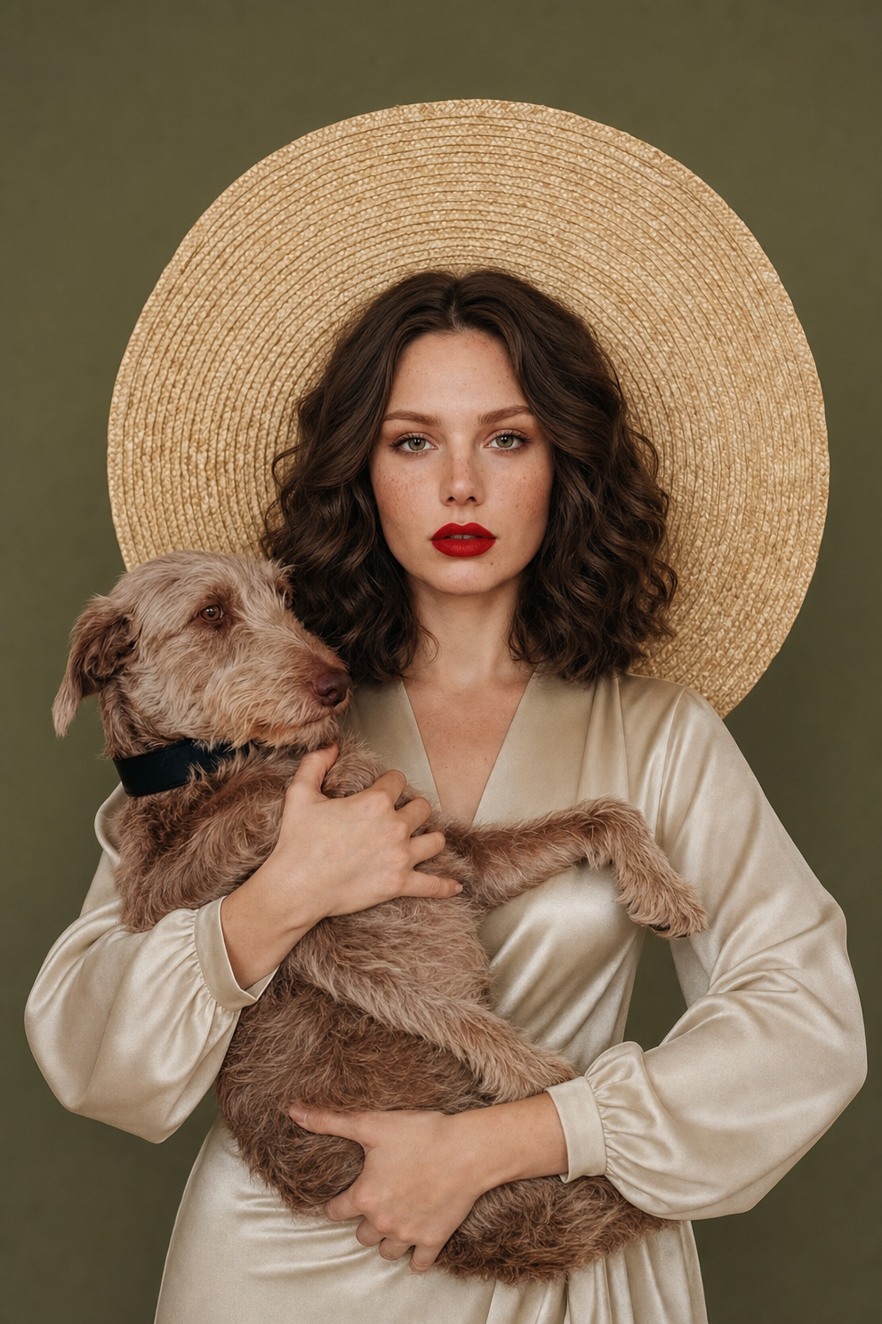 Cream Satin V-Neck Dress With Shaggy Dog