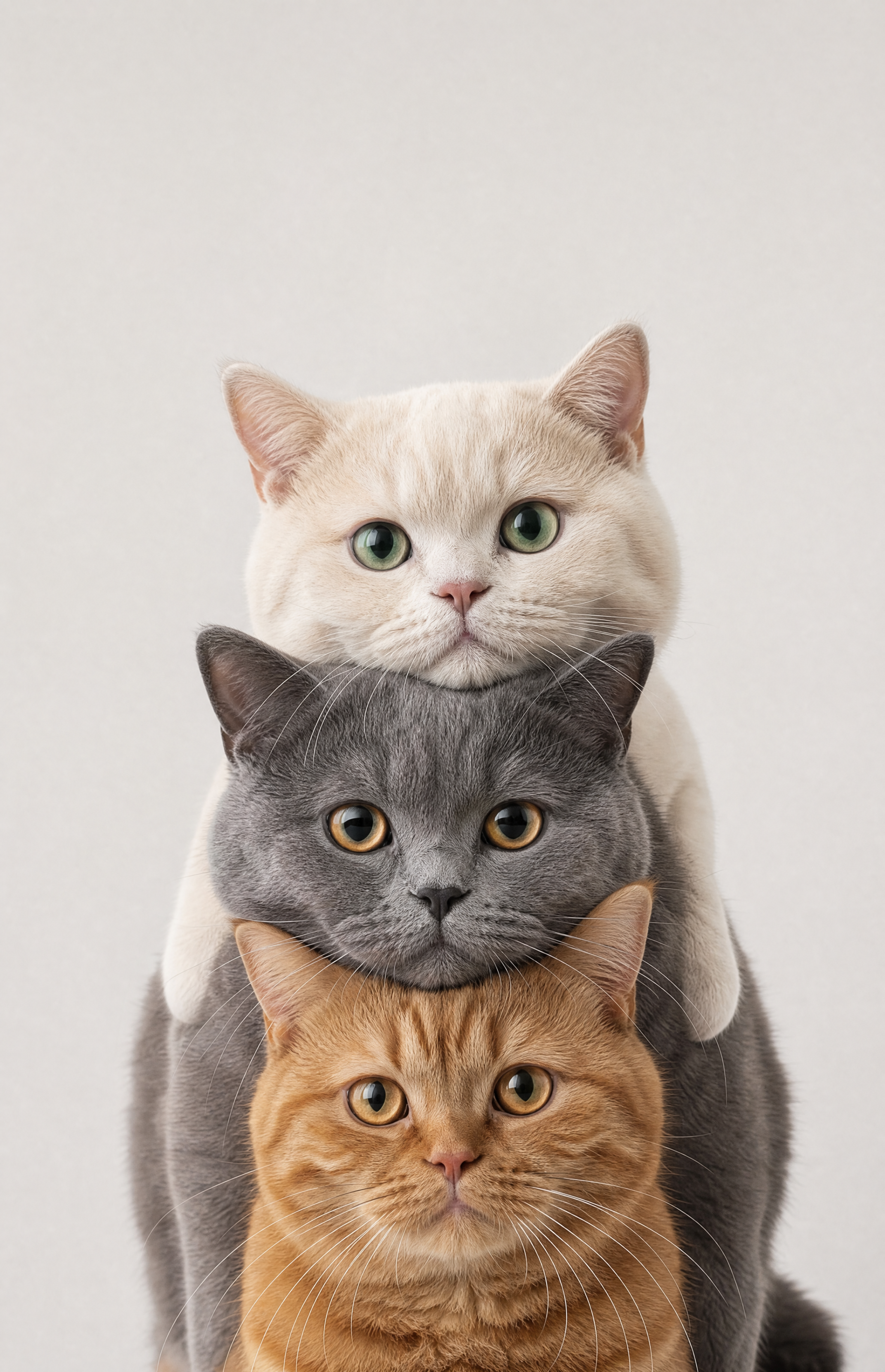 Cream, Smoky Gray, and Ginger Tabby Stacked Cats