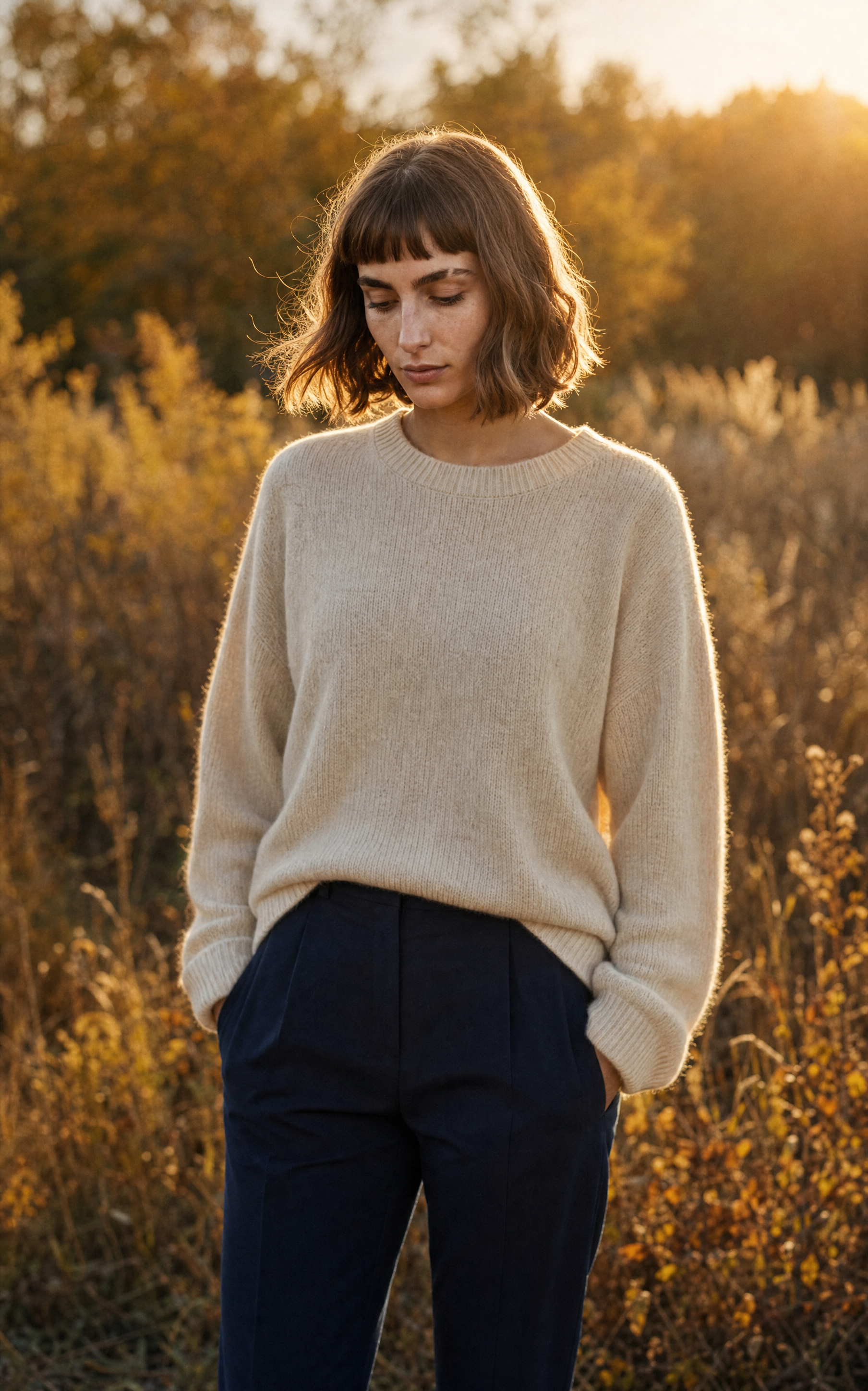 Cream Sweater in Golden Grass Field