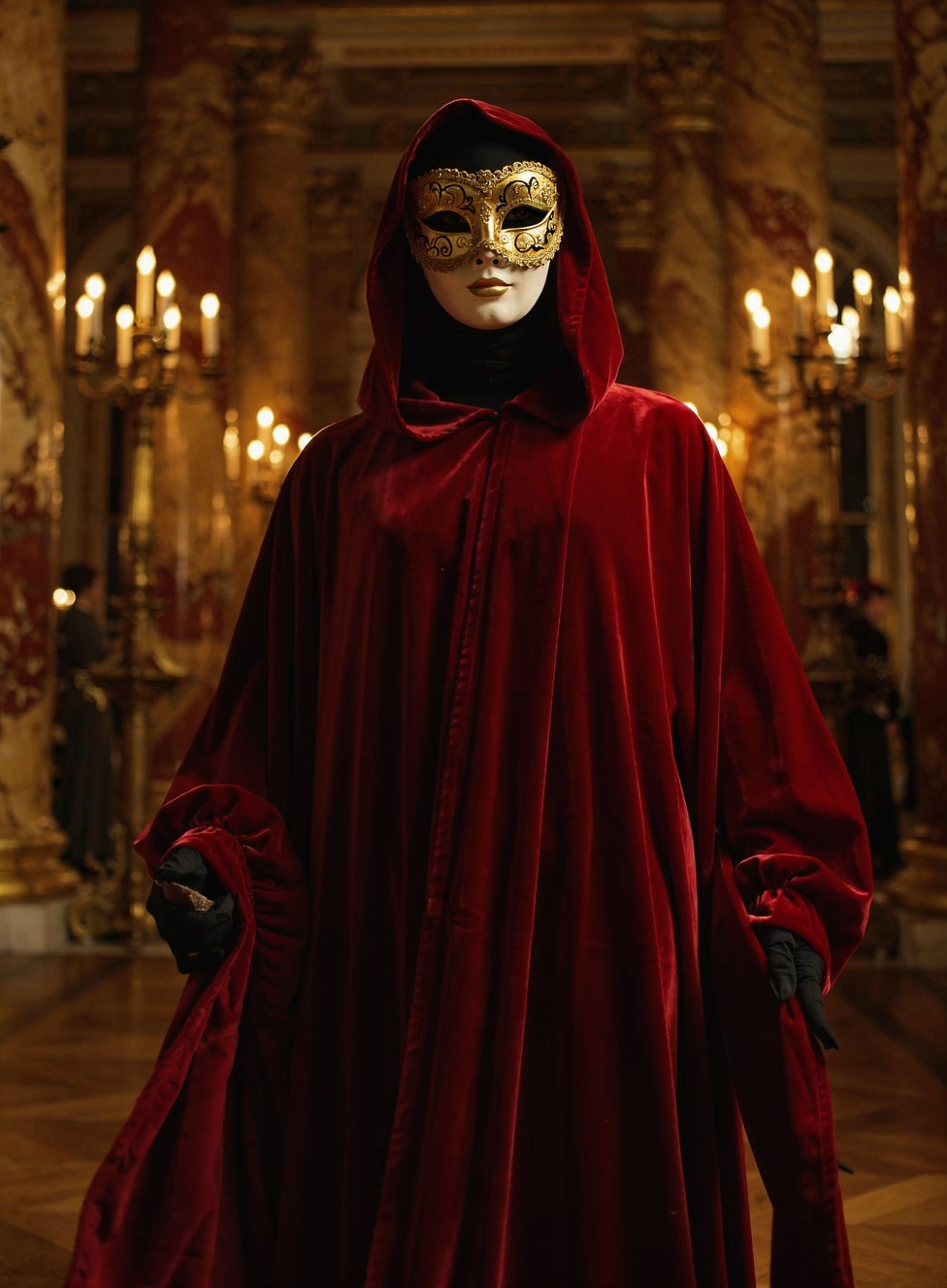 Crimson-Cloaked Specter in Candlelit Ballroom