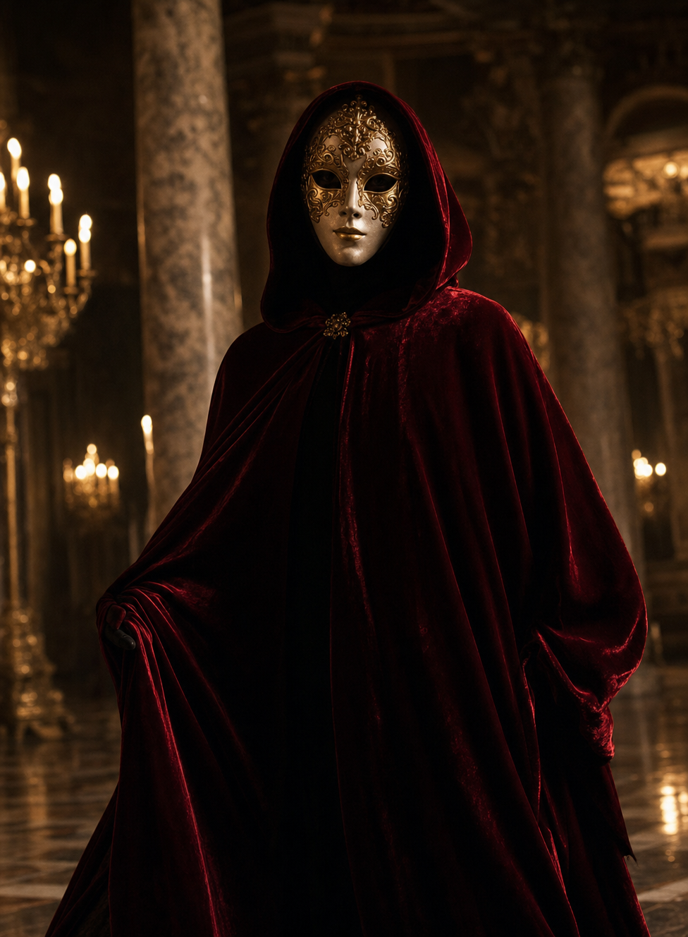 Crimson-Cloaked Specter in Candlelit Ballroom