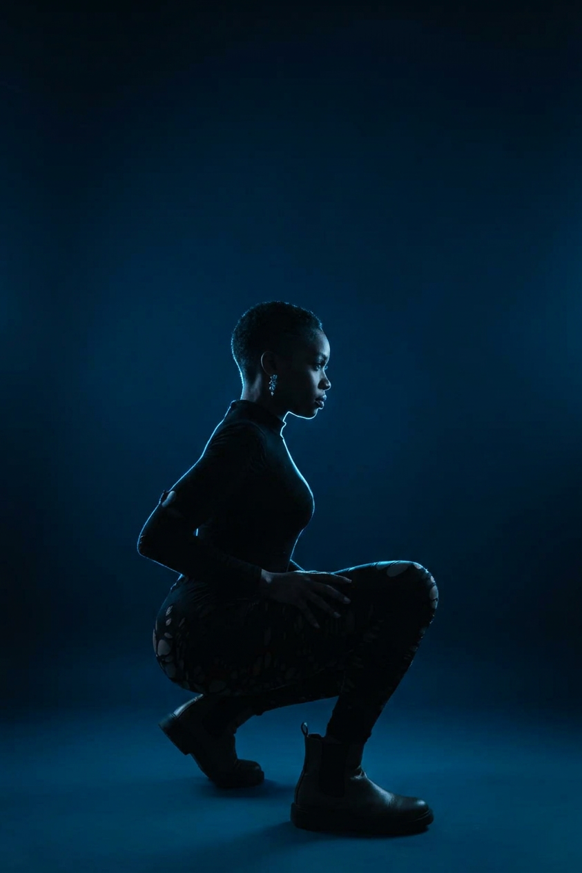 Crouching silhouette with cool rim light