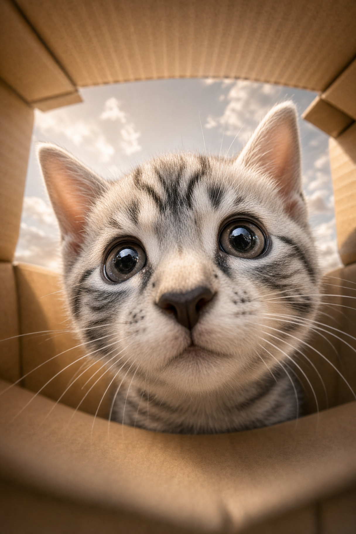 Curious Silver Kitten Exploring Inside Cardboard Box