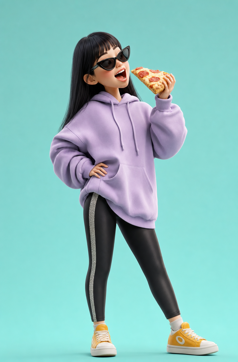 Stylish cartoon girl enjoying pizza slice