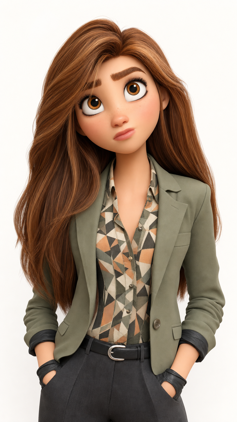 Auburn-haired woman in geometric blouse and sage blazer