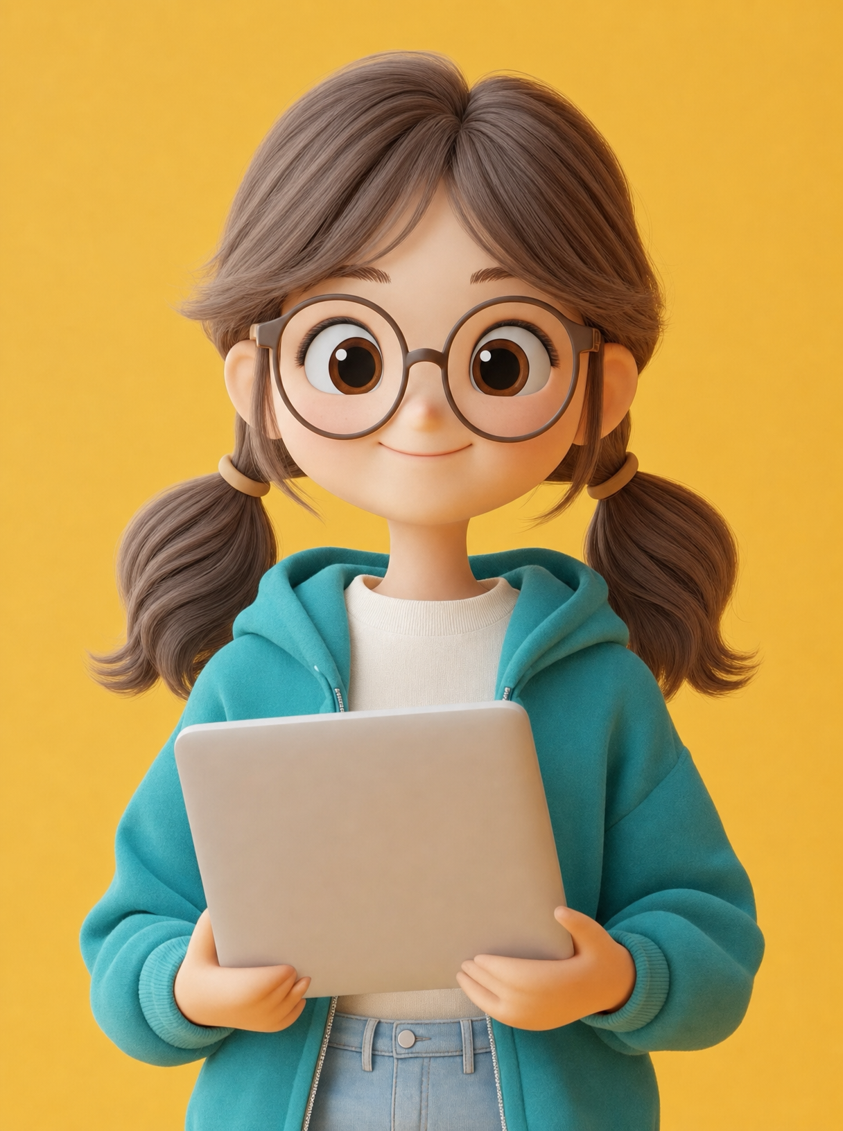 Cute girl with teal hoodie laptop