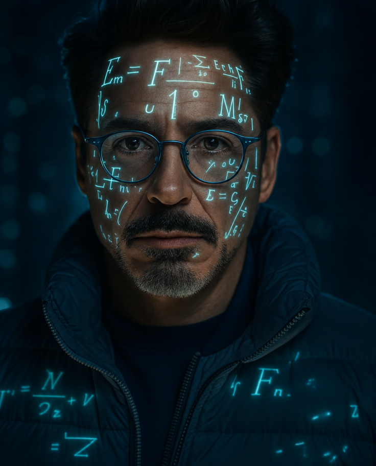 Cyan-lit man with equation projections
