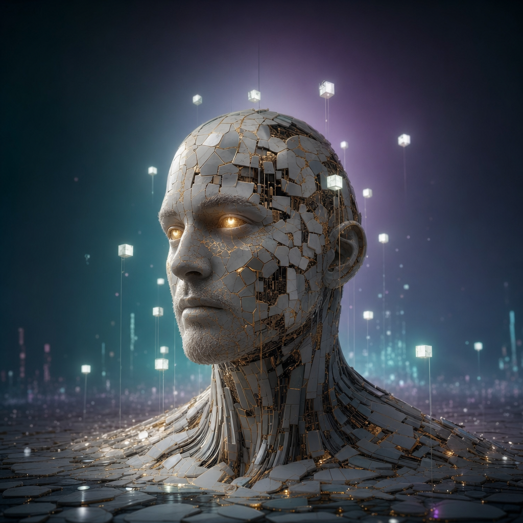 Cybernetic bust with amber eyes, teal neon light