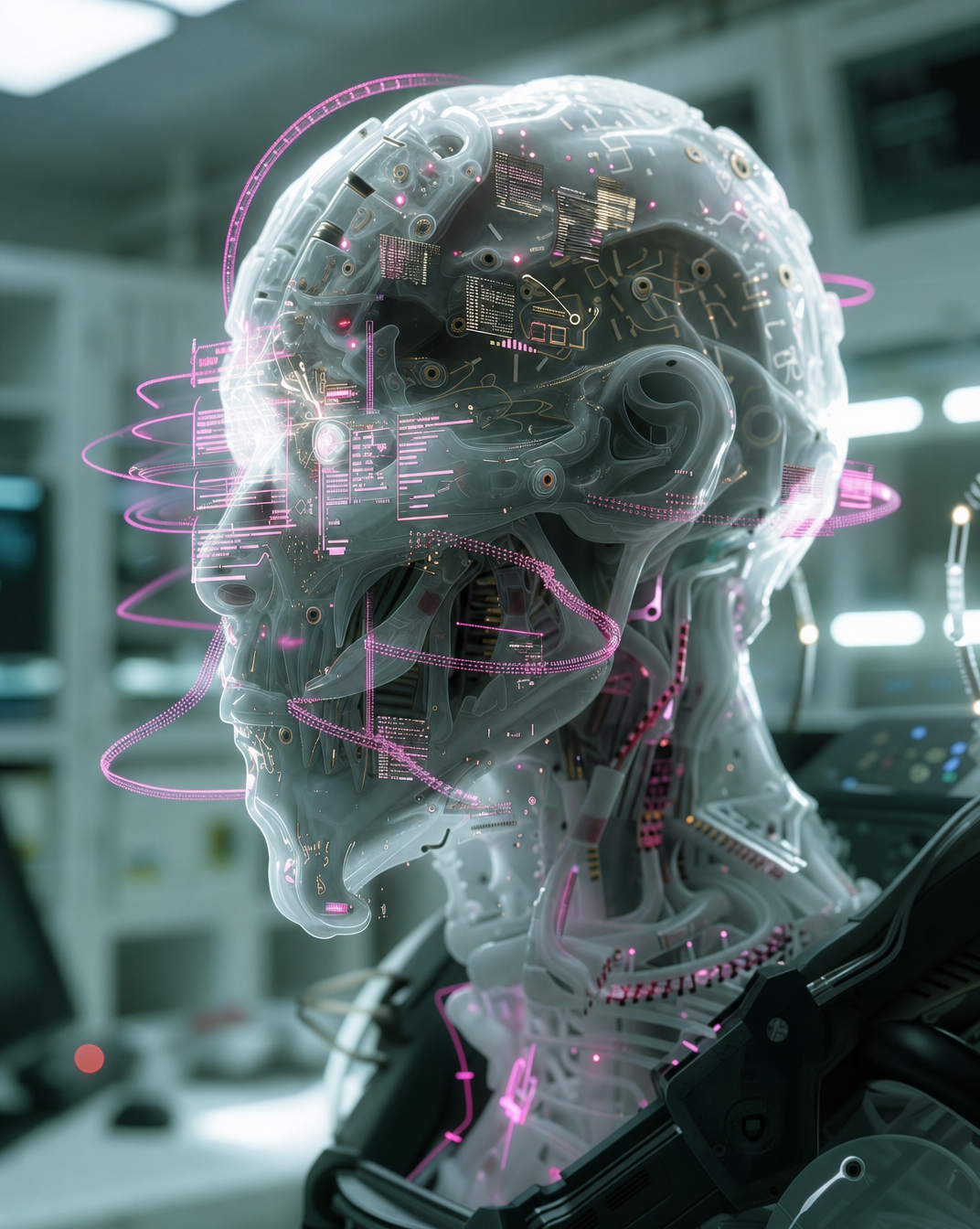 Cyborg head with magenta holograms and translucent skull
