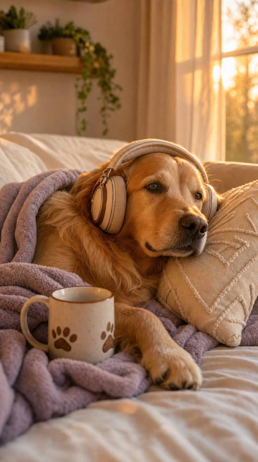 Golden Retriever Relaxing with Headphones at Dusk