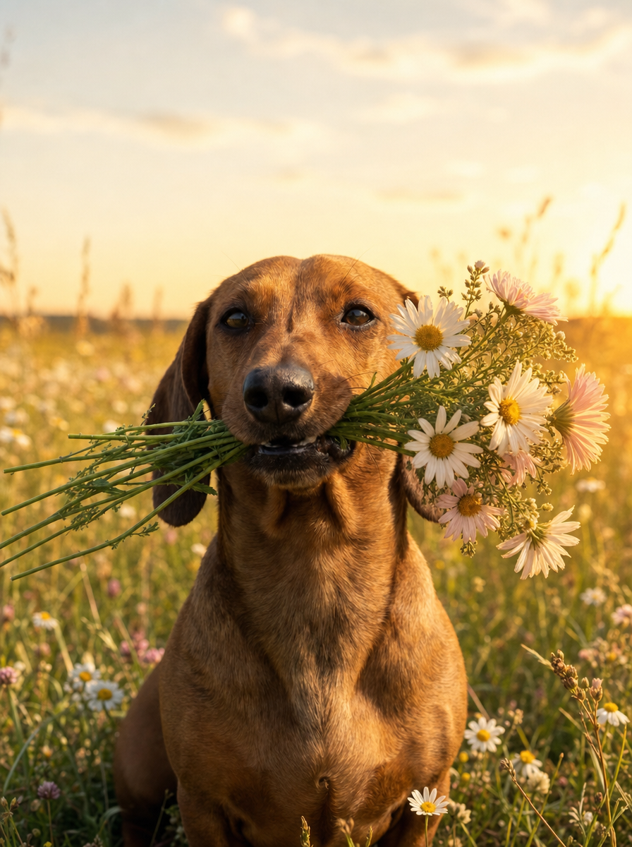 Dachshund with daisy bouquet at gold hour