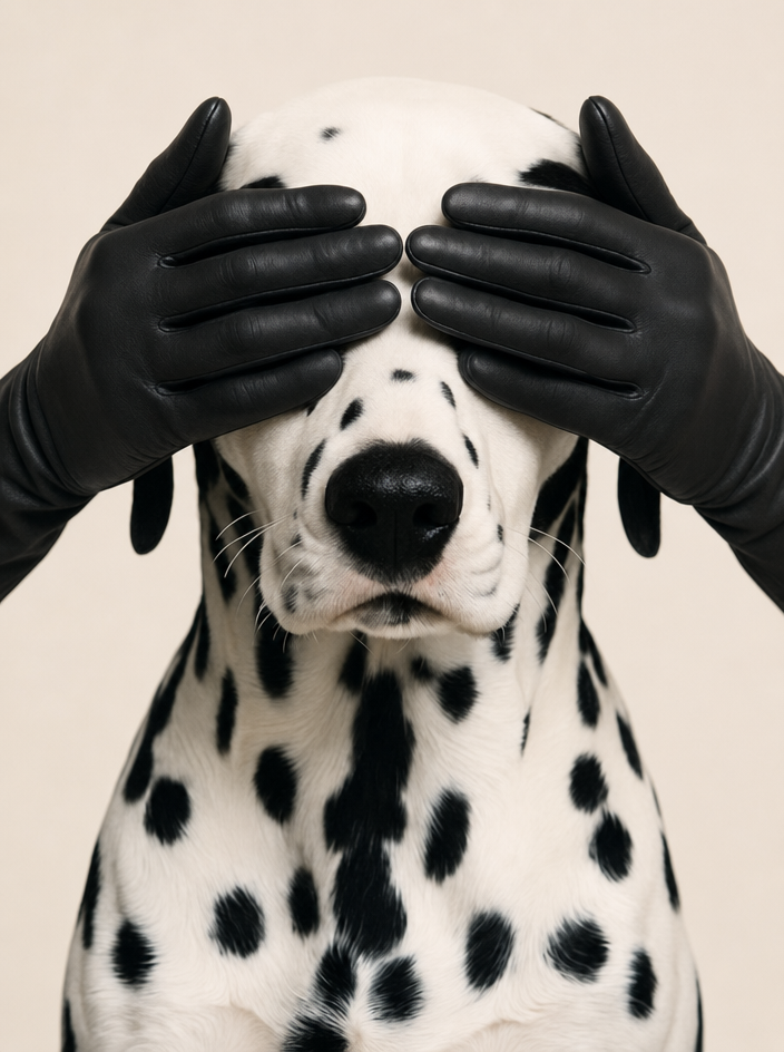 Dalmatian with black-gloved eye cover