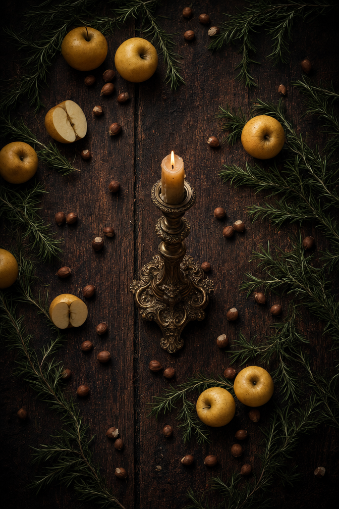 Golden apples and brass candlelight still life