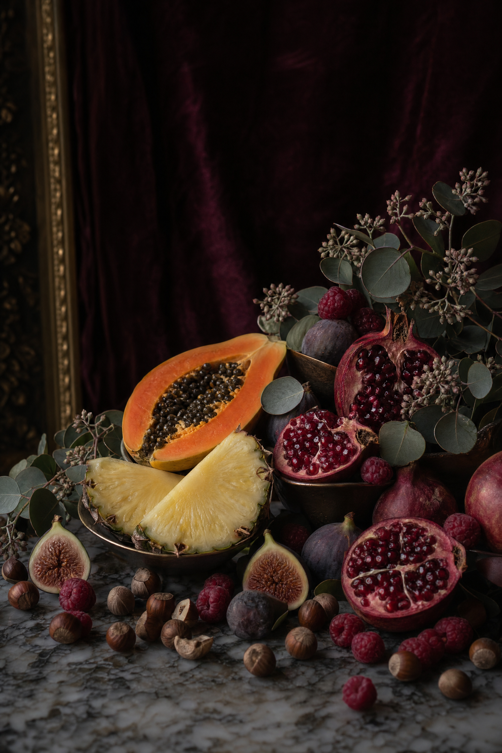 Exotic Fruits with Eucalyptus in Baroque Light