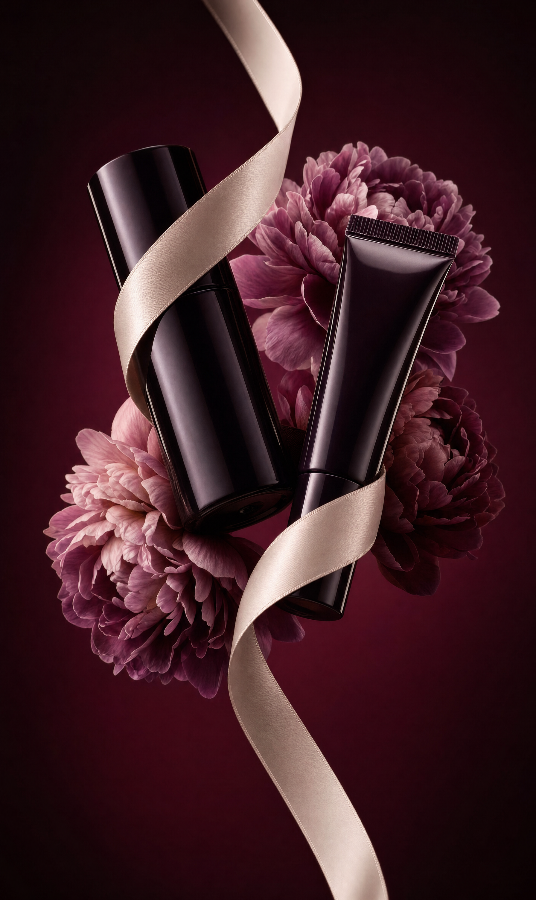 Dark glossy cosmetic tubes with ivory satin ribbon
