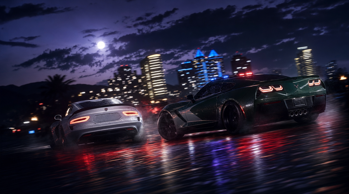 Dark-green police car chasing silver supercar at night