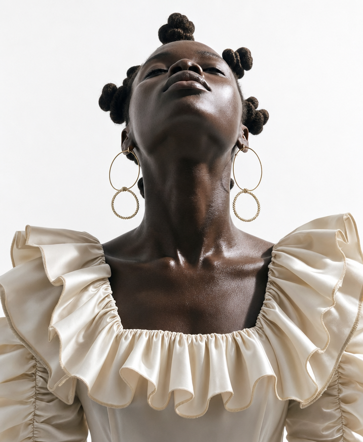 Dark-skinned woman in cream ruffled dress