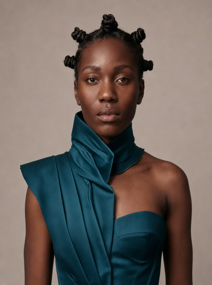Dark-skinned woman with teal asymmetrical high-collar outfit