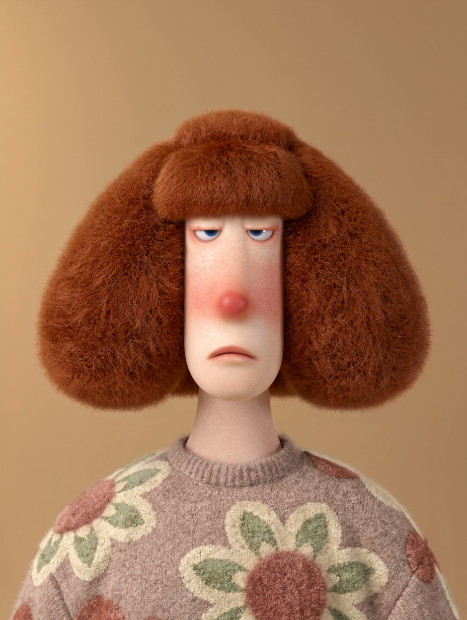 Deadpan plush character with auburn bob — flux-2-pro