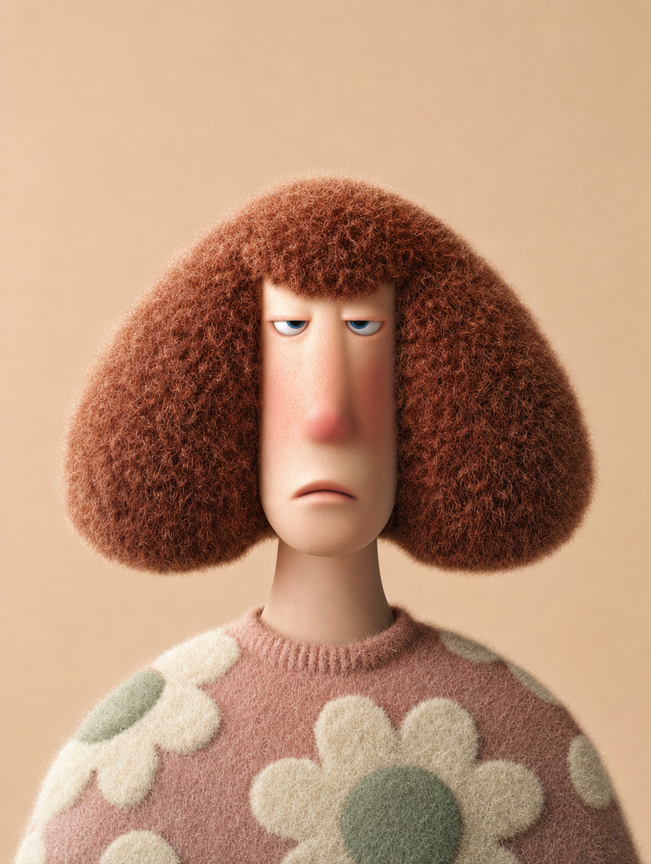 Deadpan plush character with auburn bob