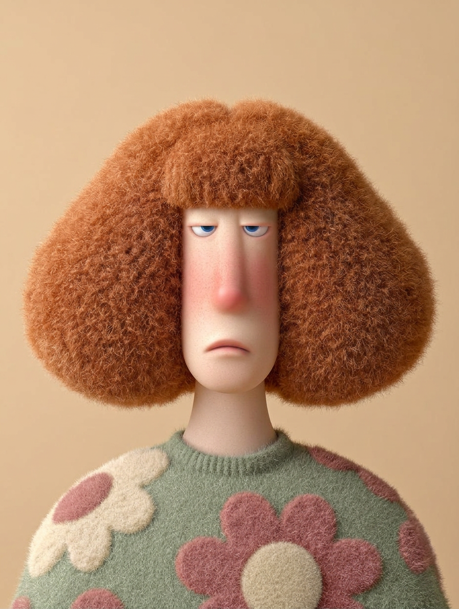 Deadpan plush character with auburn bob — nano-banana-2